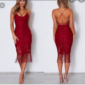 White Fox Boutique Burgundy Red Lace Fringe Midi Dress